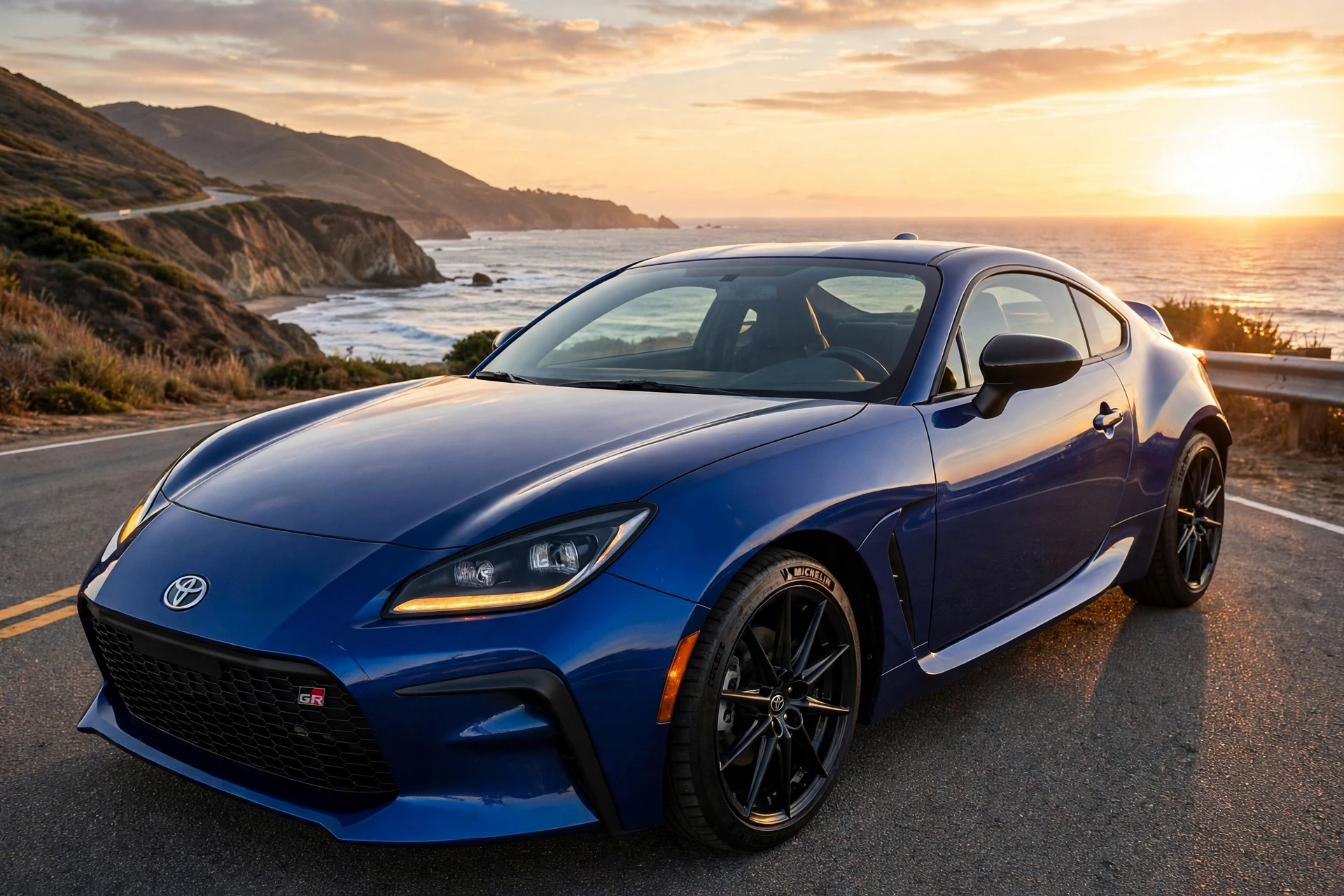 2025 Toyota GR86 in Trueno Blue, front three-quarter, coastal road at golden hour