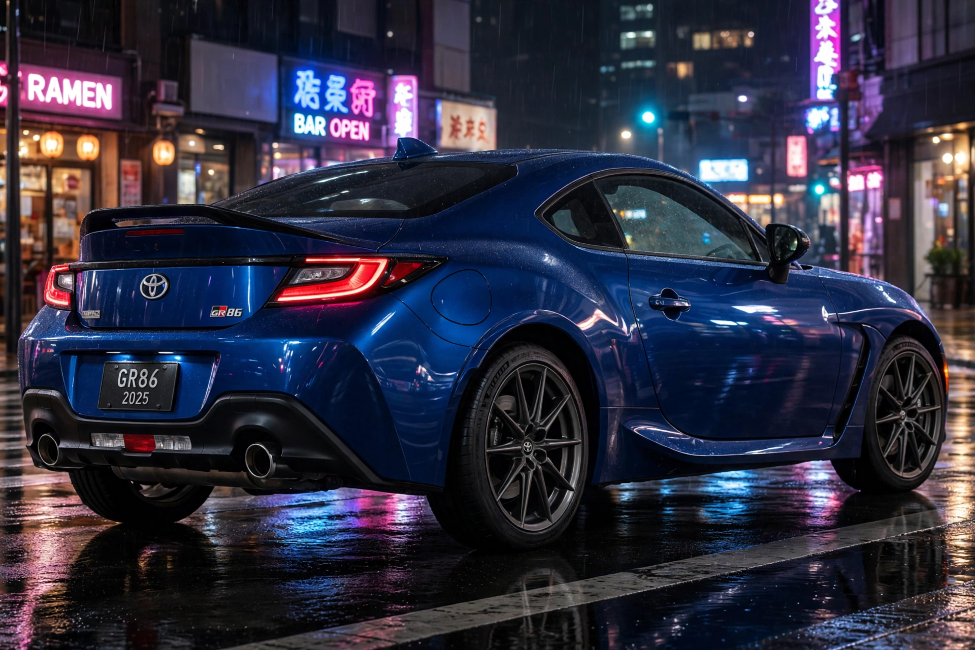 GR86 at night on a wet city street with neon reflections